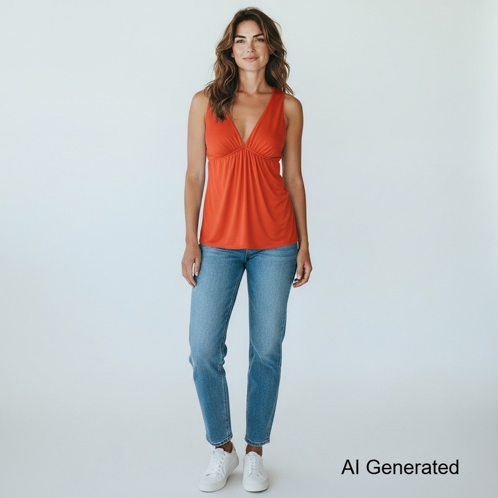 Natori Coral Orange Empire Waist V-Neck Ruched Babydoll Tank Top‎ XL